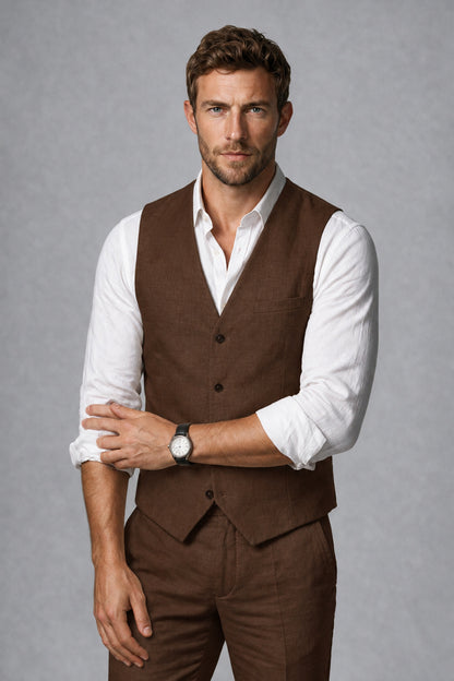 Men's Chocolate Linen Blend Single-Breasted V-Neck Suit Vest | Savile QX0101 - Chocolate