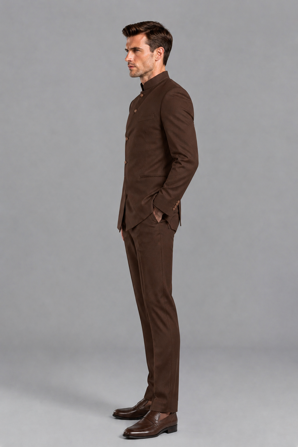 Savile Men's Chocolate Asymmetrical Mandarin Collar Tuxedo Suit – Modern 2-Piece Gold Button Wedding, Prom & Gala Set - Chocolate - Chocolate_4