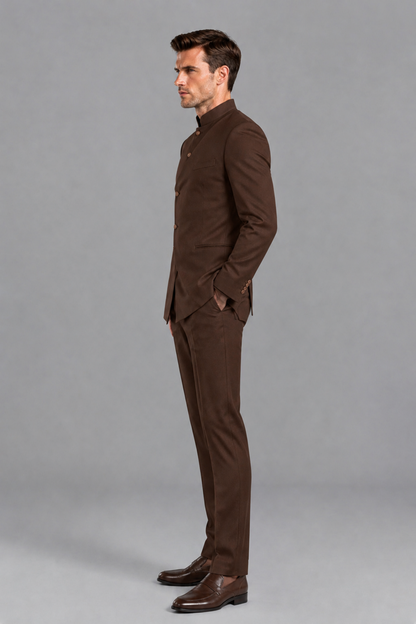 Savile Men's Chocolate Asymmetrical Mandarin Collar Tuxedo Suit – Modern 2-Piece Gold Button Wedding, Prom & Gala Set - Chocolate - Chocolate_4