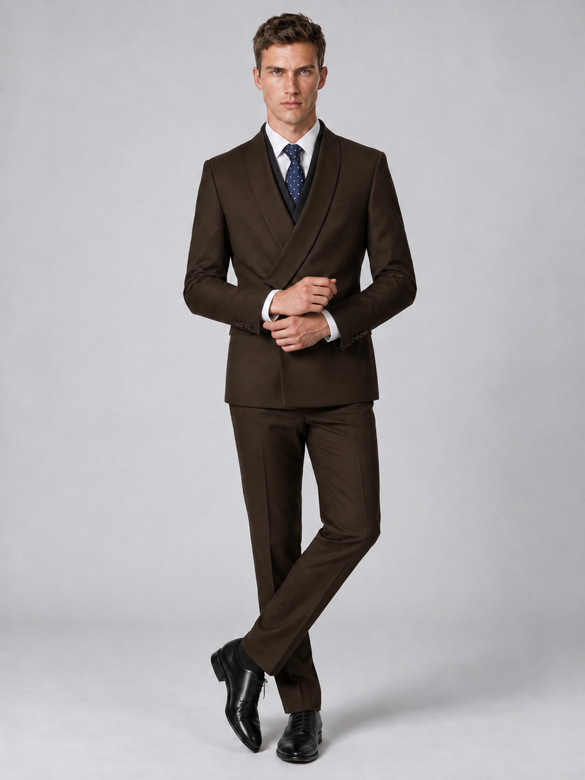Savile Men's Chocolate Wrap Shawl Lapel 2-Piece Suit Set – Modern Jacket & Trousers - Chocolate - Chocolate_4