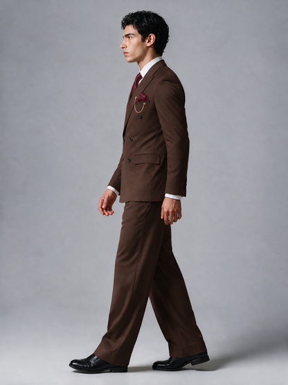 Savile Men's Chocolate Double-Breasted 2-Piece Suit Set – Peak Lapel Blazer & Pleated Wide-Leg Trousers - Chocolate - Chocolate_4
