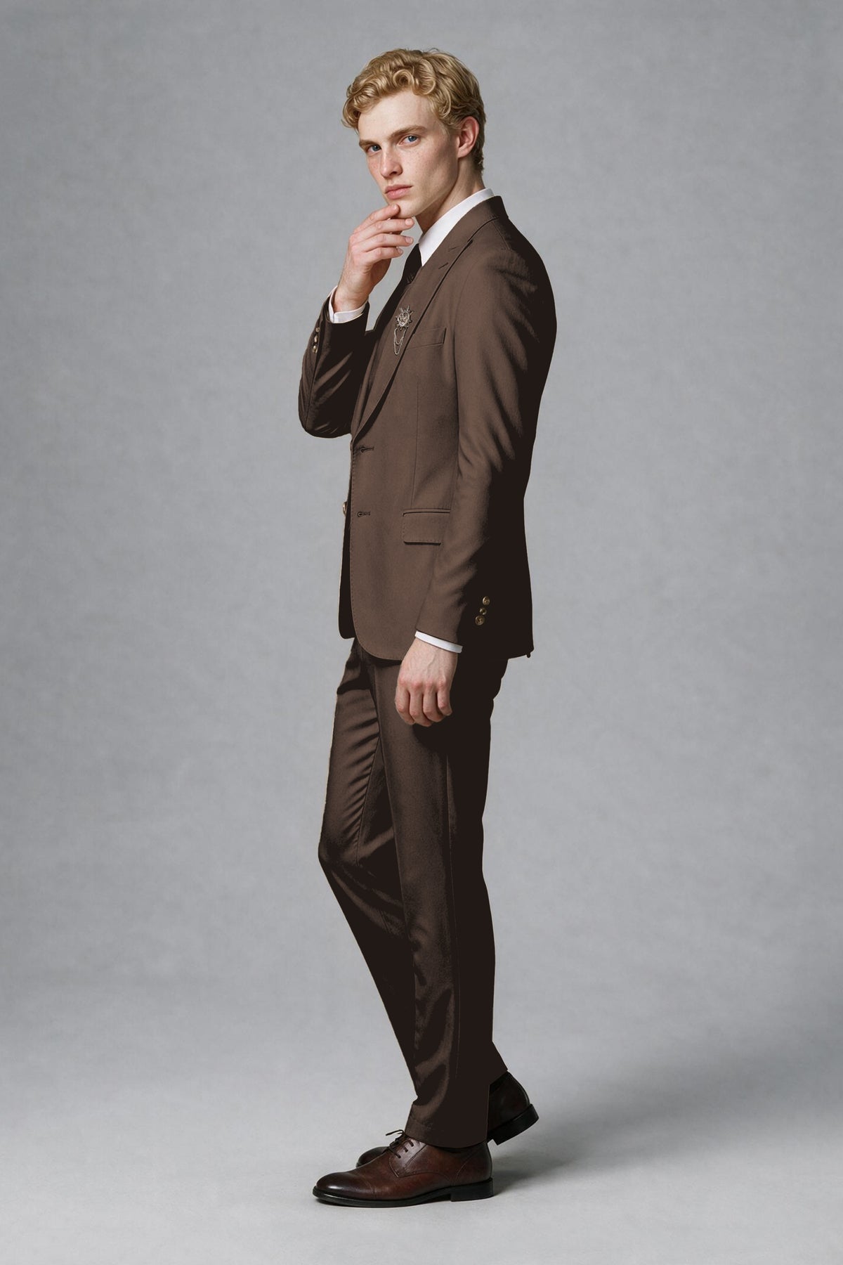 Savile Men's Chocolate Three-Piece Wedding Suit with Double-Breasted Waistcoat - Chocolate