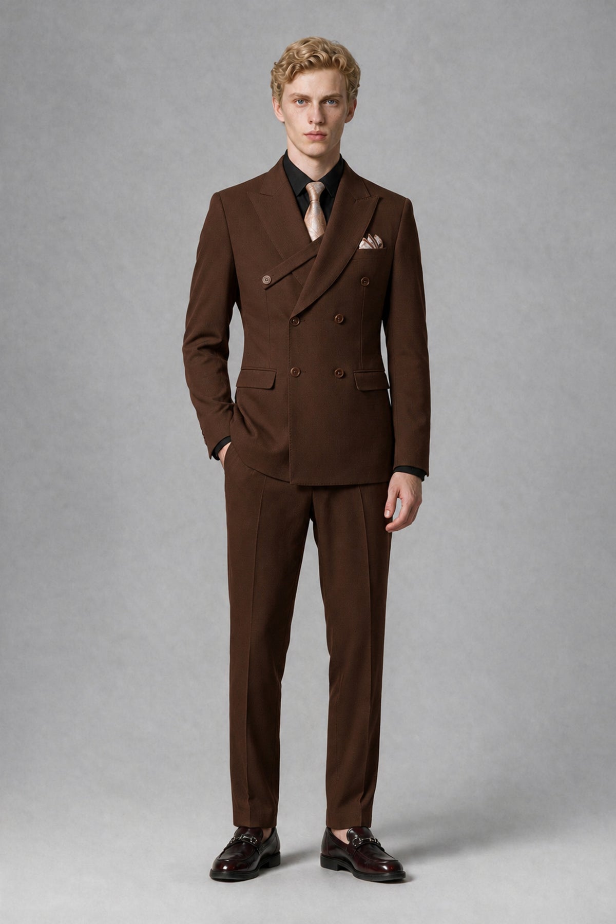 Savile Men's Chocolate Double-Breasted Two-Piece Suit - Chocolate