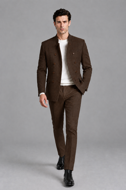 Savile Men's Chocolate Stand Collar Double Breasted Slim Fit 2-Piece Suit Set – Jacket & Trousers | Wedding Gala Formal - Chocolate