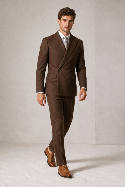 Savile Men's Chocolate Double-Breasted Slim Fit 2-Piece Suit Set – Peak Lapel Blazer & Cuffed Trousers | Wedding Prom Formal - Chocolate