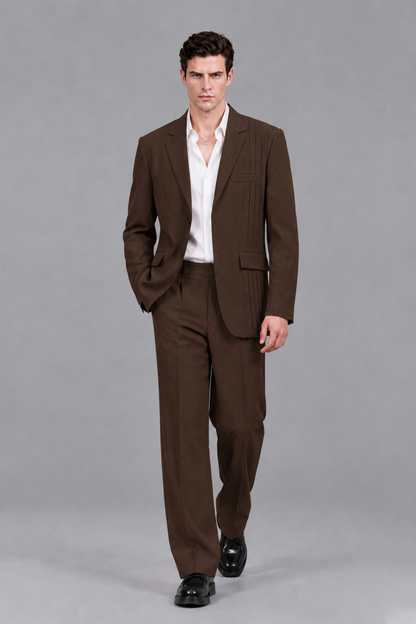 Savile Men's Chocolate Pleated 2-Piece Suit Set | Notch Lapel Blazer & Tailored Trousers - Chocolate - Chocolate_5