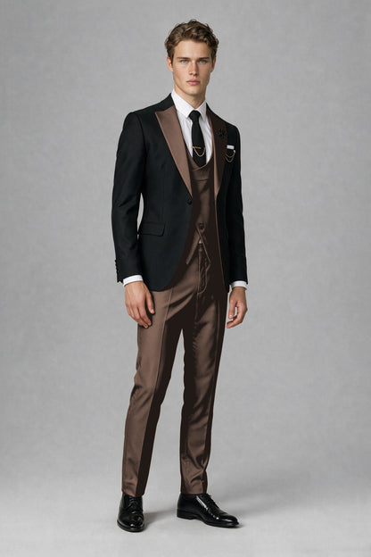 Savile Men's Black & Chocolate Three-Piece Wedding Suit - Chocolate