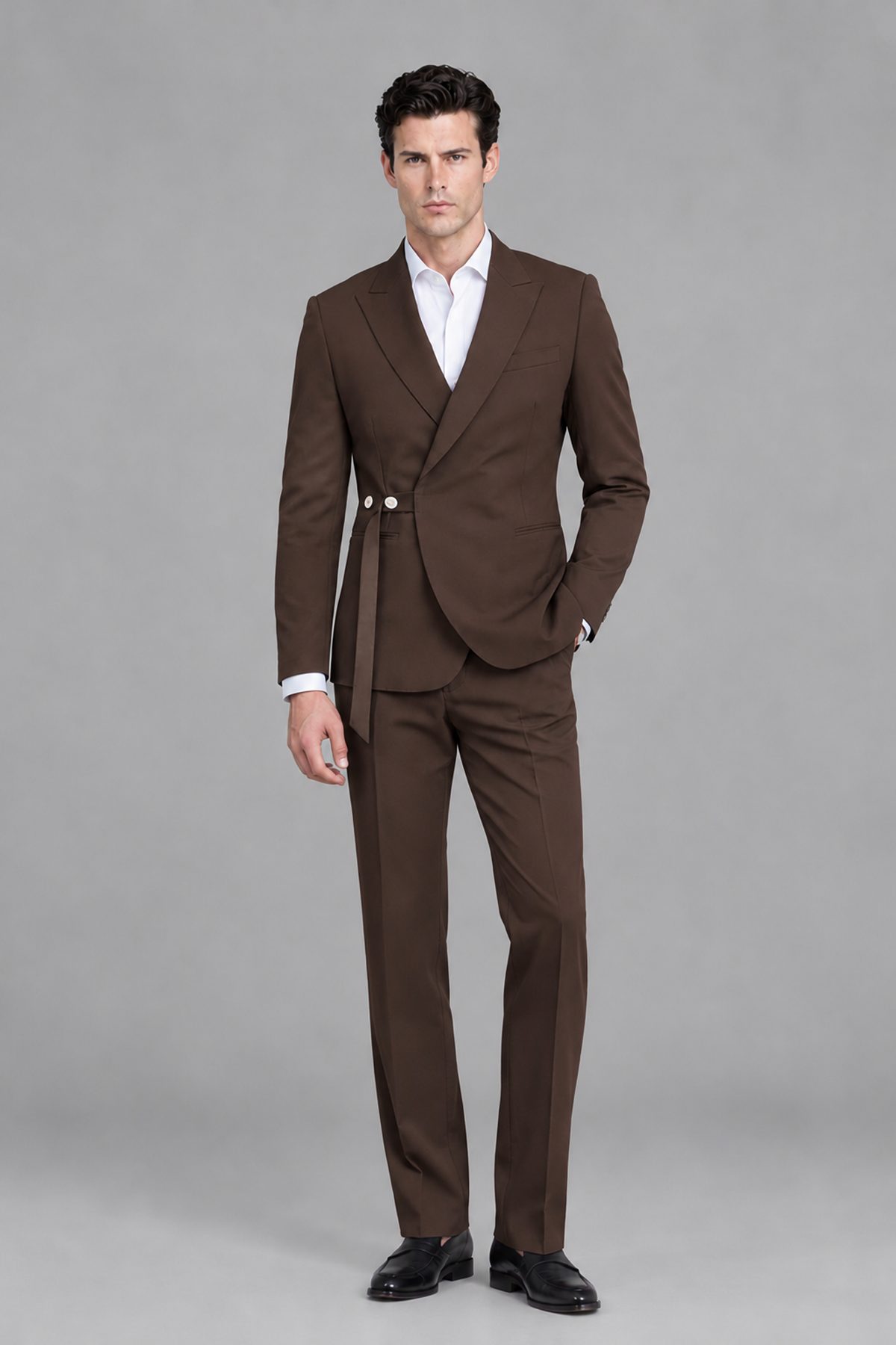 Savile Men's Modern Chocolate 2-Piece Wrap Suit Set – Peak Lapel Side-Button Blazer & Tailored Trousers - Chocolate - Chocolate_5
