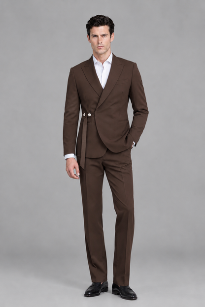 Savile Men's Modern Chocolate 2-Piece Wrap Suit Set – Peak Lapel Side-Button Blazer & Tailored Trousers - Chocolate - Chocolate_5