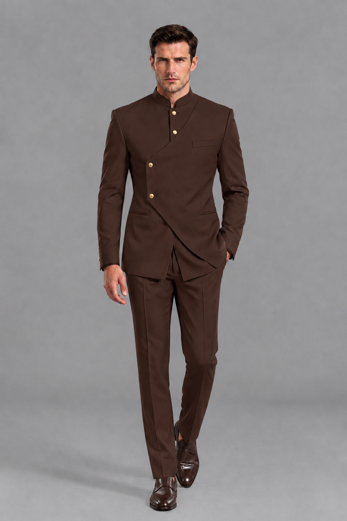 Savile Men's Chocolate Asymmetrical Mandarin Collar Tuxedo Suit – Modern 2-Piece Gold Button Wedding, Prom & Gala Set - Chocolate - Chocolate_5