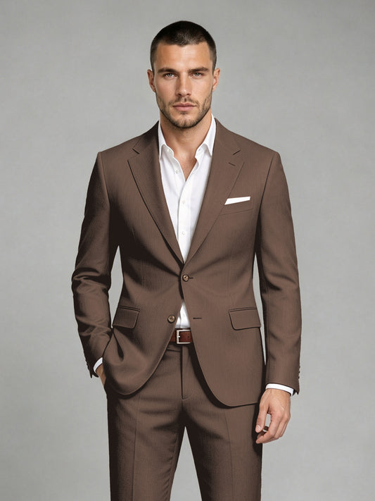 Savile Men's Dark Chocolate Wool-Blend 2-Piece Suit Set – Two-Button Notch Lapel Slim-Fit Blazer & Turn-Up Trousers - Chocolate