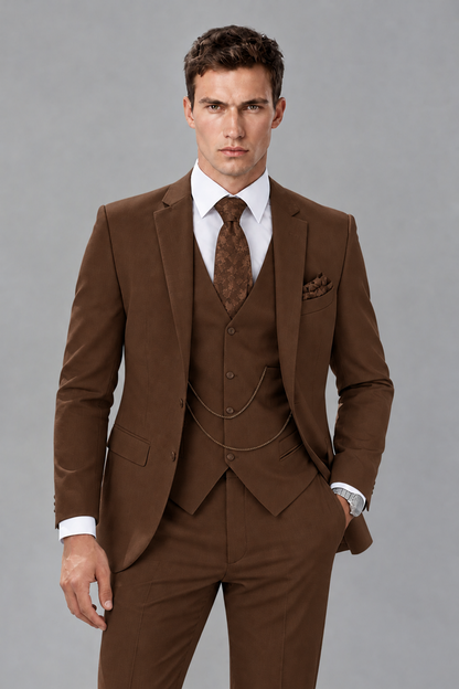 Savile Chocolate 3-Piece Suit with Notch Lapel & Chain Vest - Chocolate