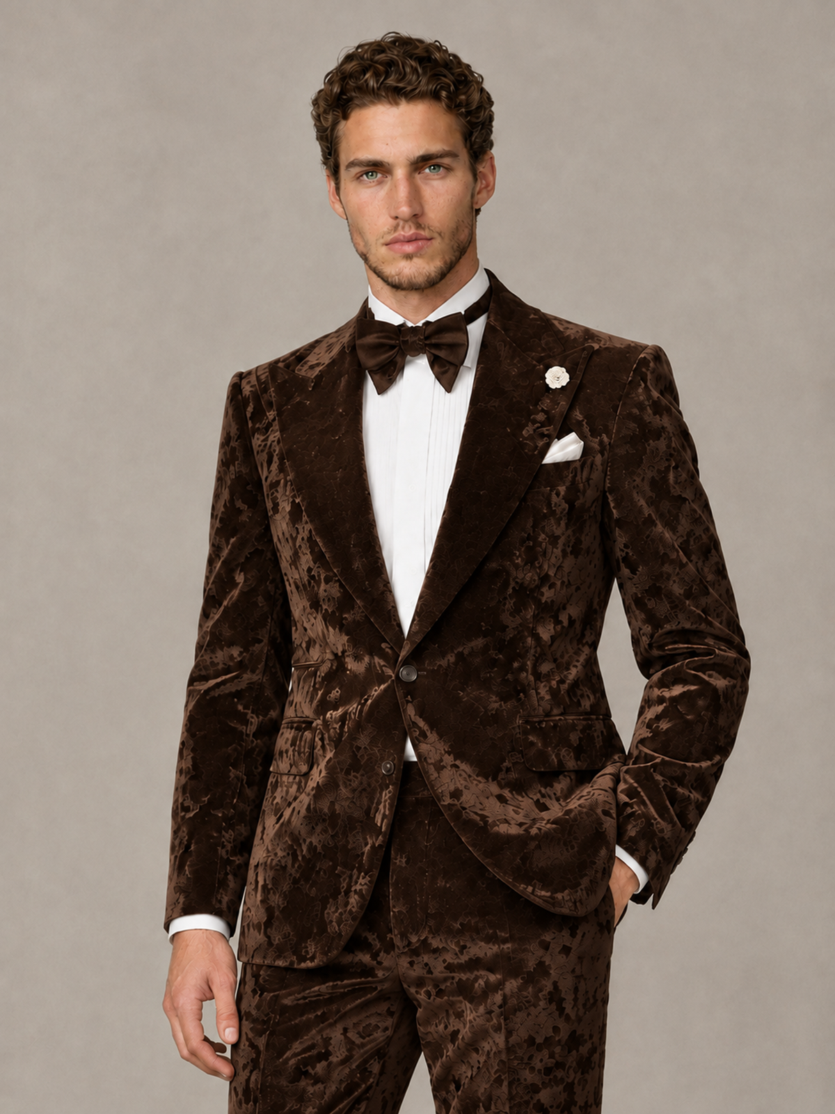 Savile Men's Chocolate Crushed Velvet Peak Lapel 2-Piece Suit Set | Jacket & Trousers - Chocolate - Chocolate (1)