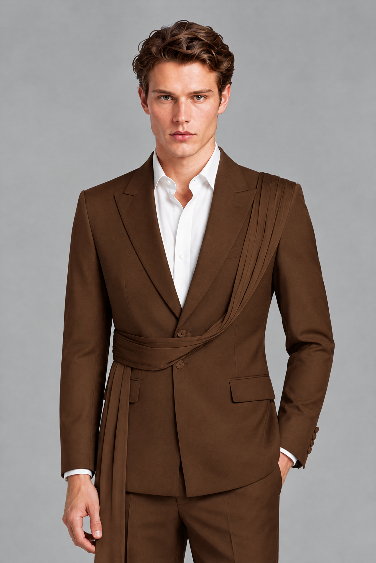 Men's Chocolate Draped Sash Suit – Peak Lapel 2-Piece Slim Fit Party, Gala & Wedding Set - Chocolate