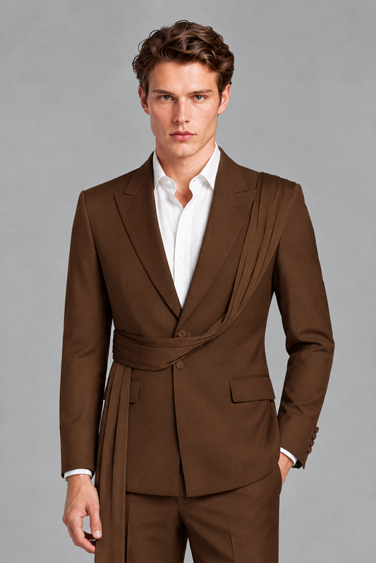Men's Chocolate Draped Sash Suit – Peak Lapel 2-Piece Slim Fit Party, Gala & Wedding Set - Chocolate