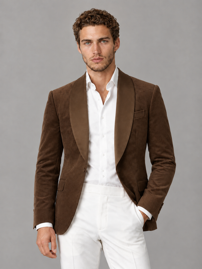 Savile Men's Chocolate Velvet Shawl Lapel 2-Piece Tuxedo Suit Set | Jacket & White Trousers - Chocolate - Chocolate (1)