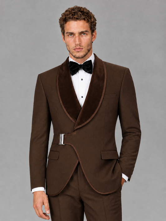 Savile Men's Chocolate Velvet Shawl Lapel Tuxedo Suit – Modern Side-Buckle Dinner Jacket & Trousers 2-Piece Set - Chocolate