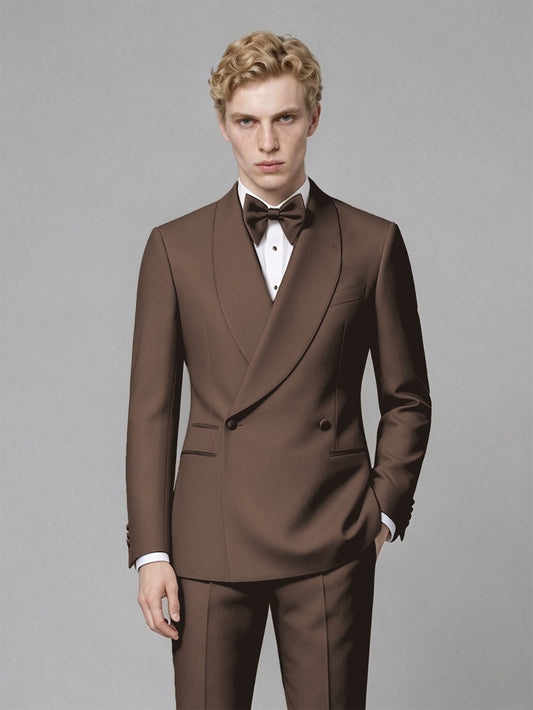 Men's Chocolate Single-Button Chocolate Satin Shawl Lapel Tuxedo Suit Set | Blazer & Trousers - Chocolate