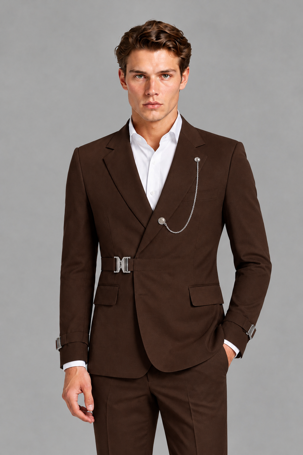 Savile Men's Chocolate Buckle-Closure 2-Piece Suit Set | Peak Lapel Blazer & Trousers - Chocolate