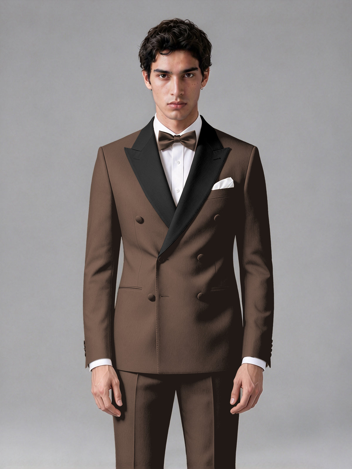 Men's Chocolate Double-Breasted Satin Peak Lapel Tuxedo Suit Set (Jacket + Trousers) - Chocolate