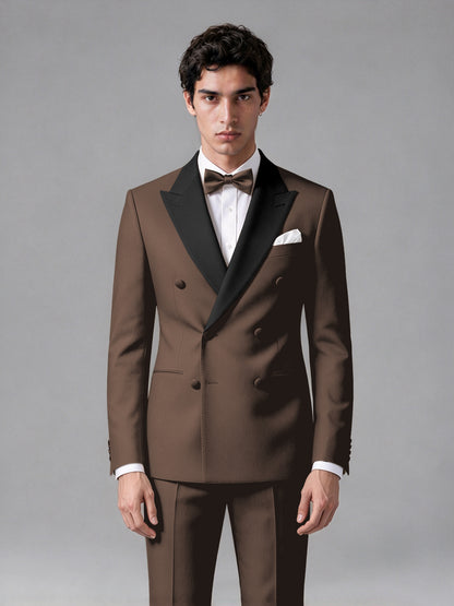 Men's Chocolate Double-Breasted Satin Peak Lapel Tuxedo Suit Set (Jacket + Trousers) - Chocolate