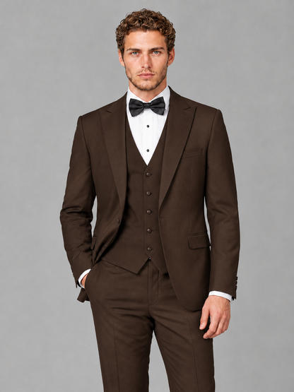 Savile Men's Chocolate Peak Lapel 3-Piece Tuxedo Suit | Jacket, Vest & Trousers - Chocolate