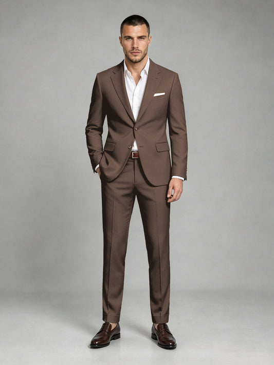 Savile Men's Dark Chocolate Wool-Blend 2-Piece Suit Set – Two-Button Notch Lapel Slim-Fit Blazer & Turn-Up Trousers - Chocolate