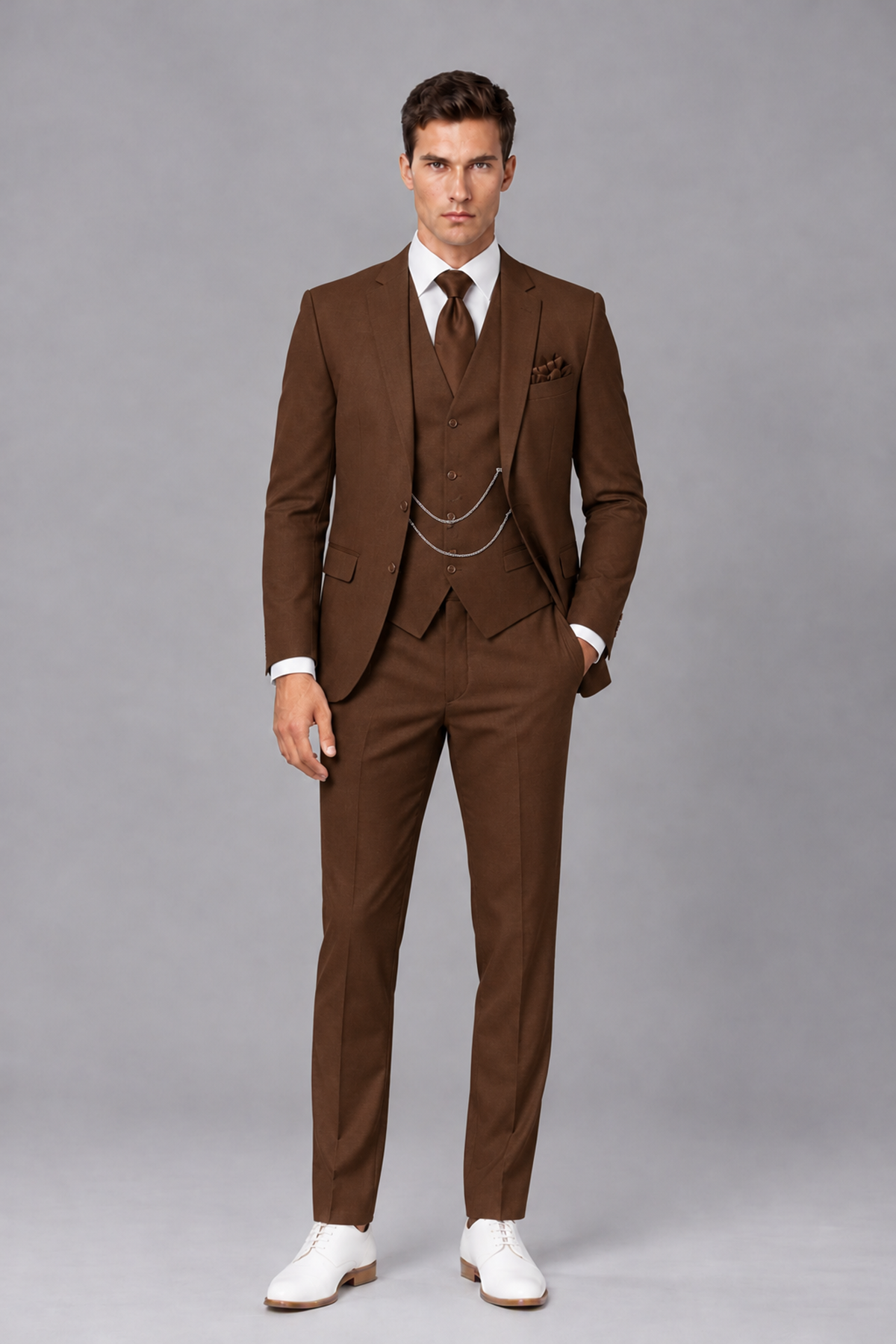 Savile Chocolate 3-Piece Suit with Notch Lapel & Chain Vest - Chocolate