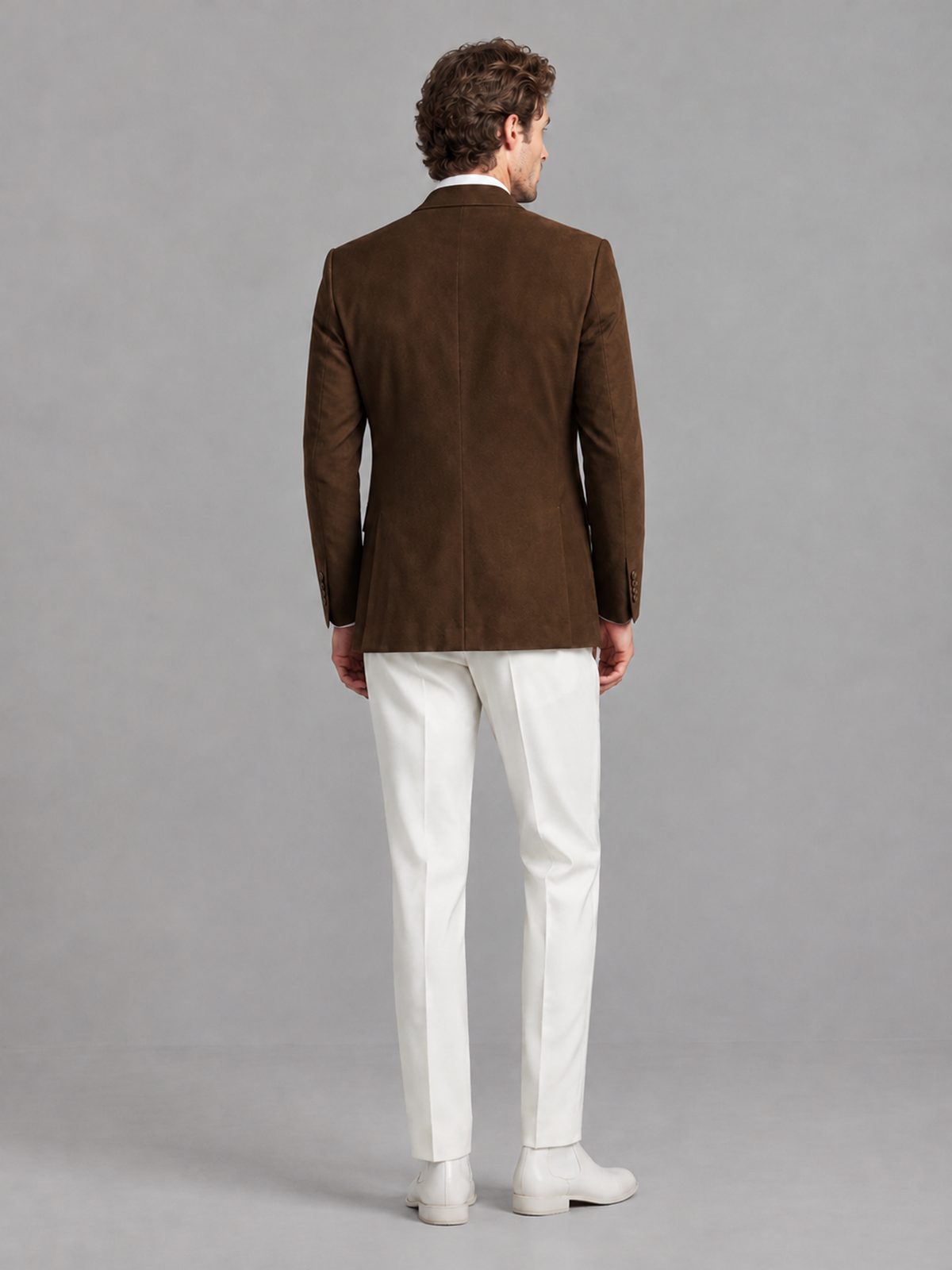 Savile Men's Chocolate Velvet Shawl Lapel 2-Piece Tuxedo Suit Set | Jacket & White Trousers - Chocolate - Chocolate (2)