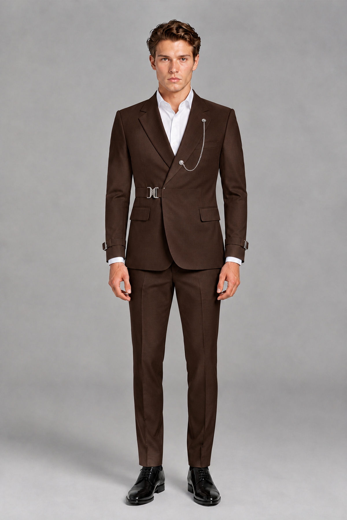 Savile Men's Chocolate Buckle-Closure 2-Piece Suit Set | Peak Lapel Blazer & Trousers - Chocolate