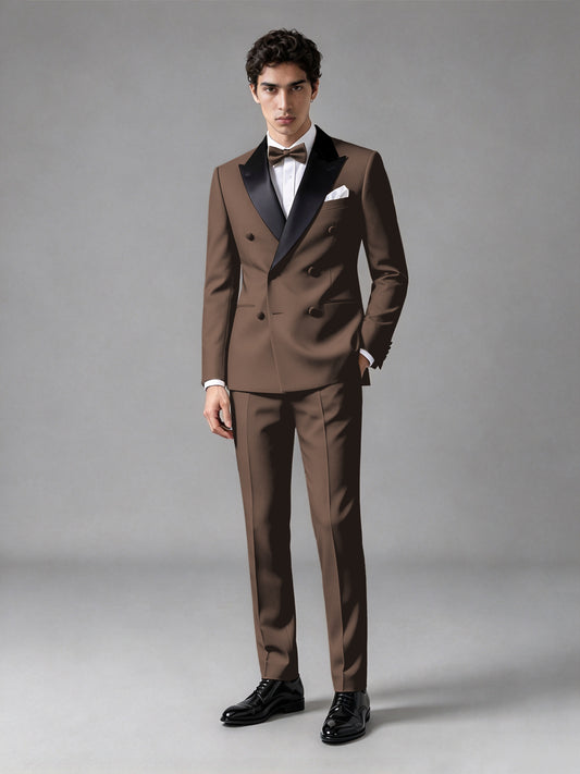 Men's Chocolate Double-Breasted Satin Peak Lapel Tuxedo Suit Set (Jacket + Trousers) - Chocolate