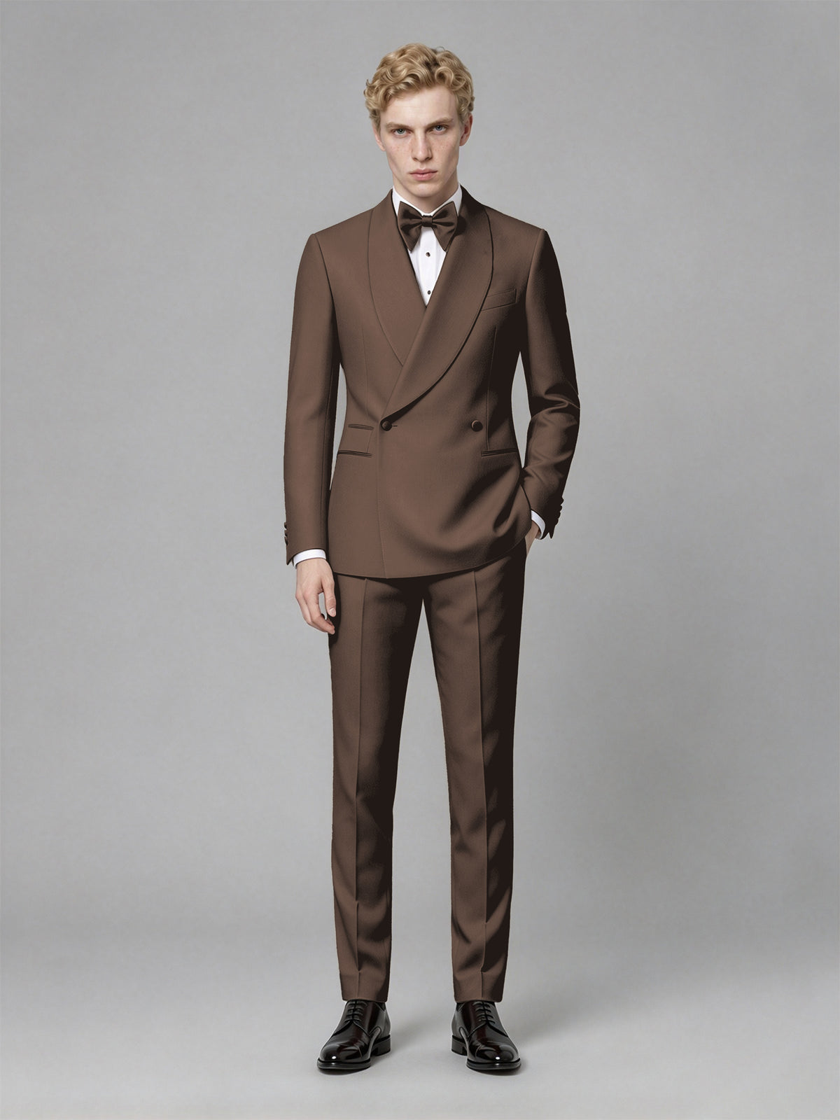 Men's Chocolate Single-Button Chocolate Satin Shawl Lapel Tuxedo Suit Set | Blazer & Trousers - Chocolate
