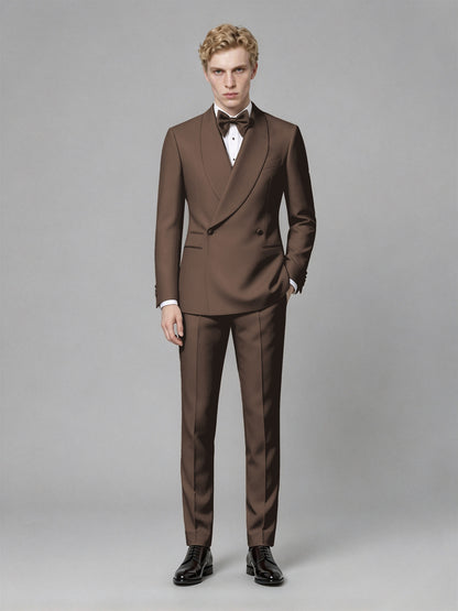 Men's Chocolate Single-Button Chocolate Satin Shawl Lapel Tuxedo Suit Set | Blazer & Trousers - Chocolate