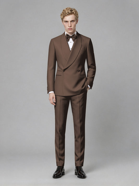 Men's Chocolate Single-Button Chocolate Satin Shawl Lapel Tuxedo Suit Set | Blazer & Trousers - Chocolate