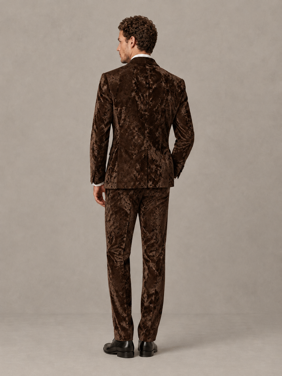 Savile Men's Chocolate Crushed Velvet Peak Lapel 2-Piece Suit Set | Jacket & Trousers - Chocolate - Chocolate (2)
