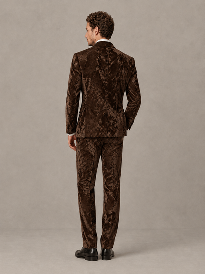 Savile Men's Chocolate Crushed Velvet Peak Lapel 2-Piece Suit Set | Jacket & Trousers - Chocolate - Chocolate (2)