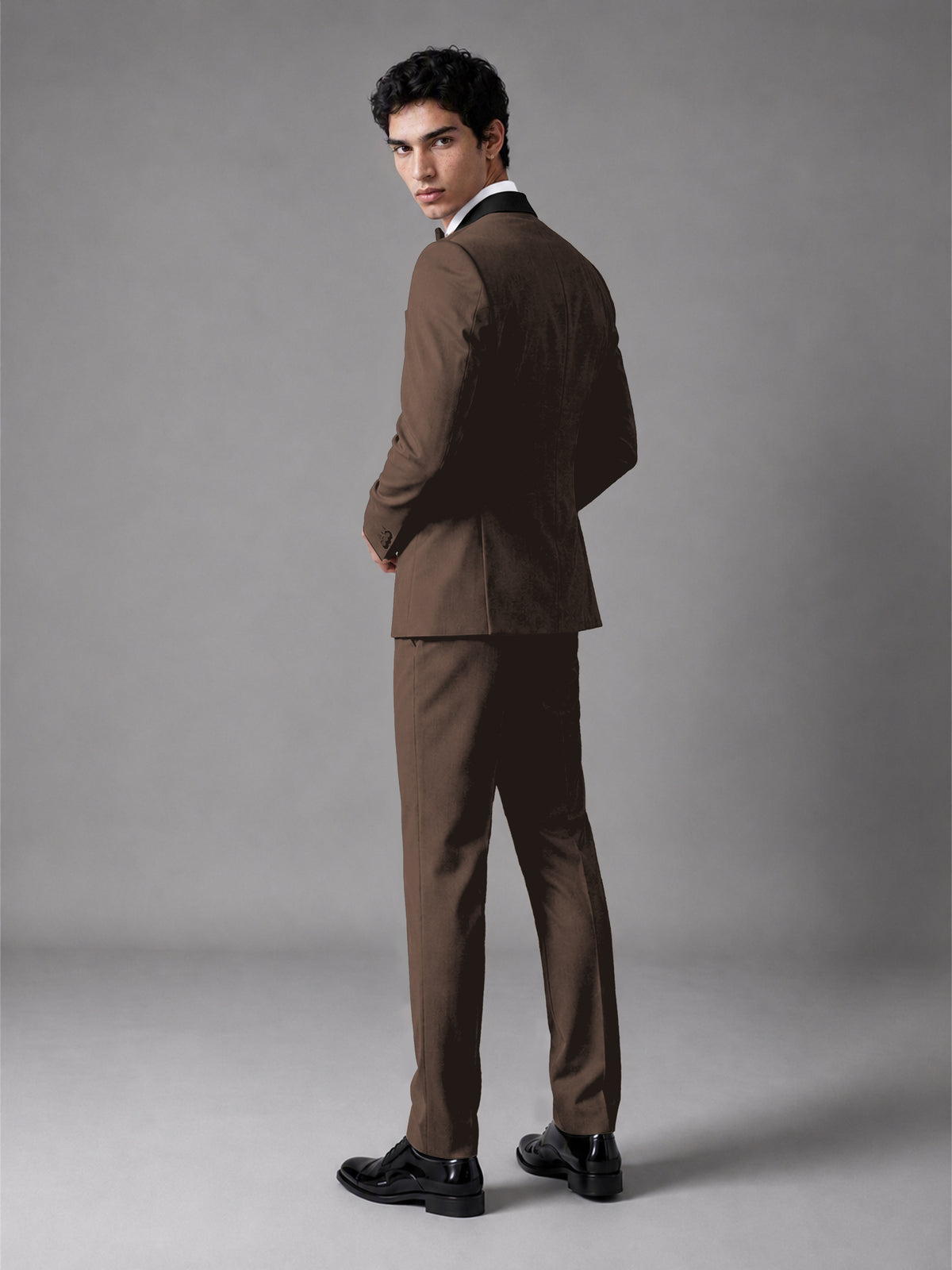 Men's Chocolate Double-Breasted Satin Peak Lapel Tuxedo Suit Set (Jacket + Trousers) - Chocolate