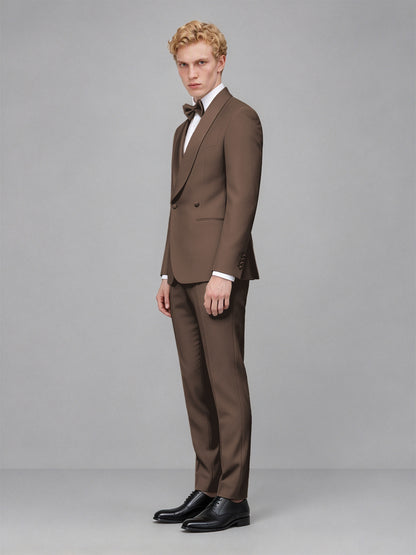 Men's Chocolate Single-Button Chocolate Satin Shawl Lapel Tuxedo Suit Set | Blazer & Trousers - Chocolate