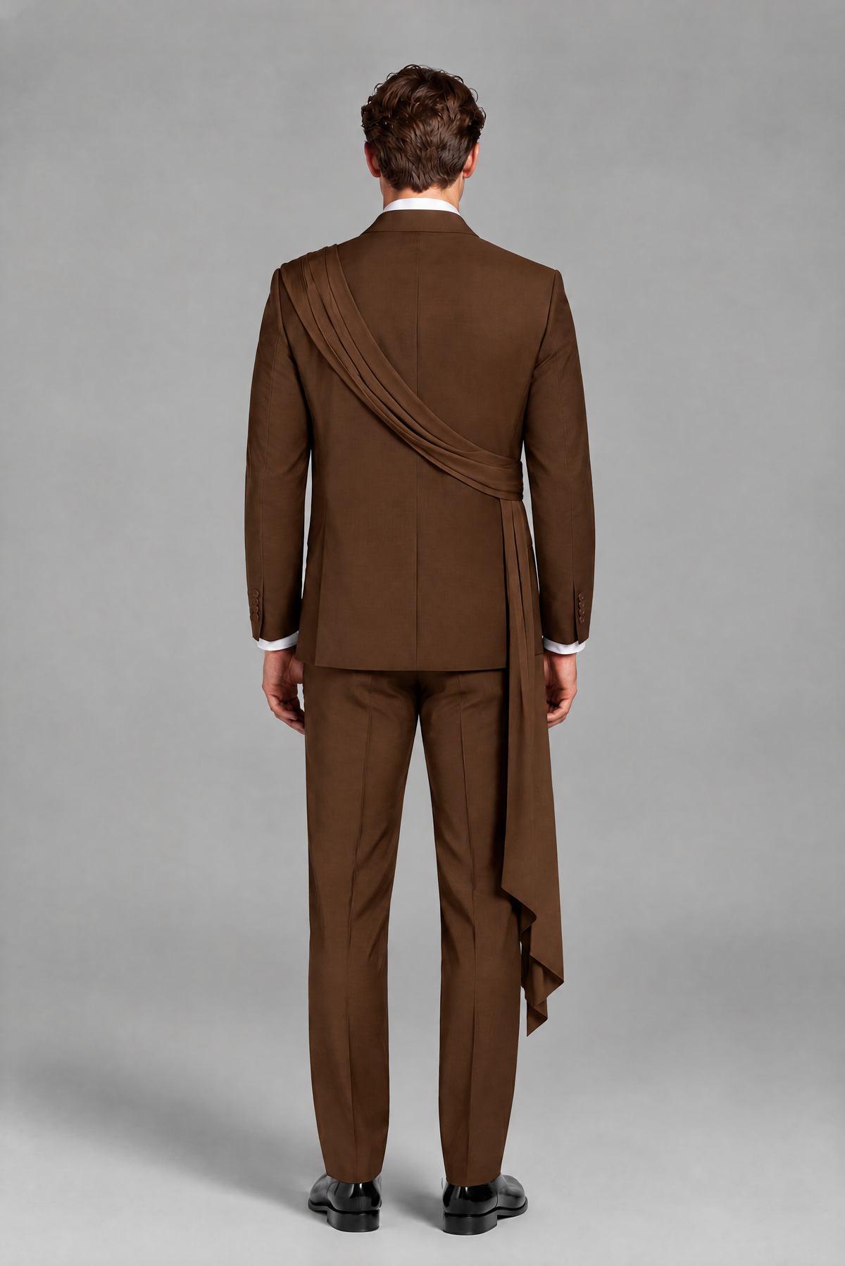 Men's Chocolate Draped Sash Suit – Peak Lapel 2-Piece Slim Fit Party, Gala & Wedding Set - Chocolate
