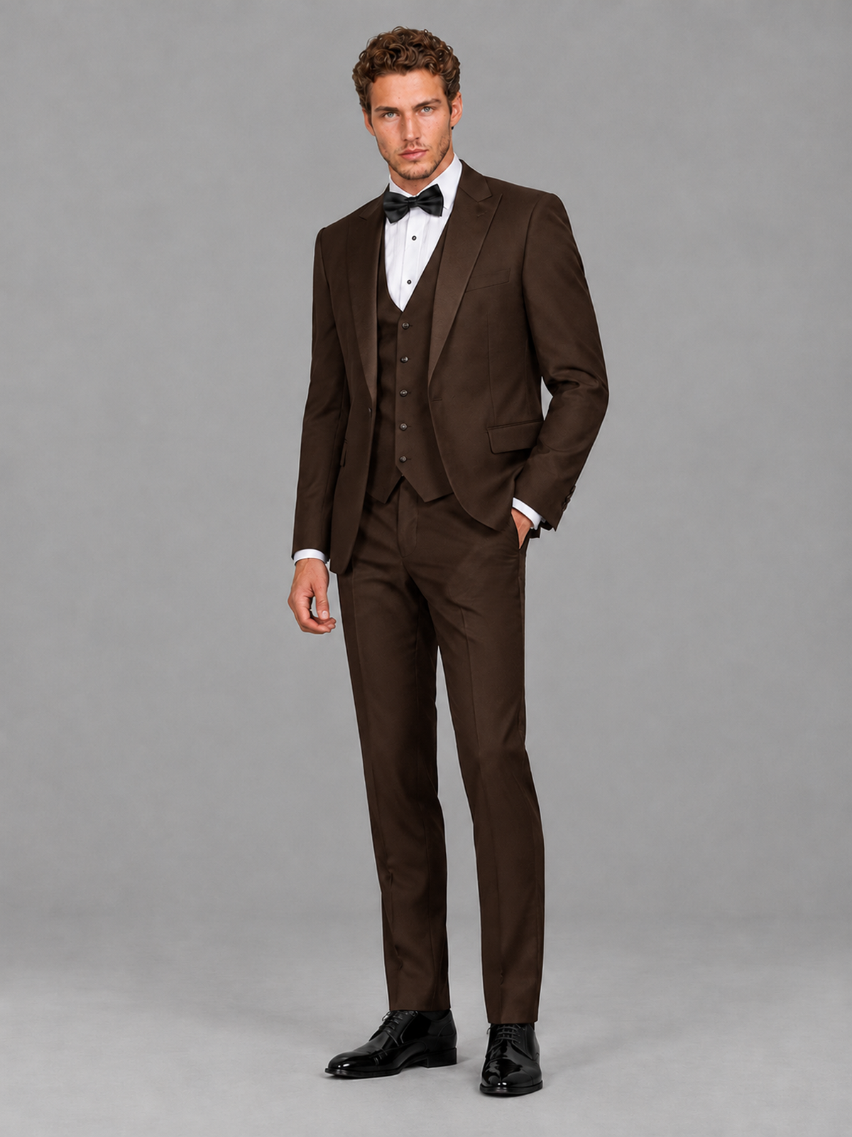 Savile Men's Chocolate Peak Lapel 3-Piece Tuxedo Suit | Jacket, Vest & Trousers - Chocolate