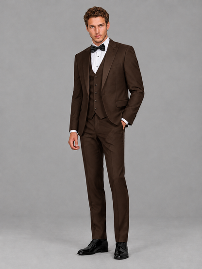 Savile Men's Chocolate Peak Lapel 3-Piece Tuxedo Suit | Jacket, Vest & Trousers - Chocolate