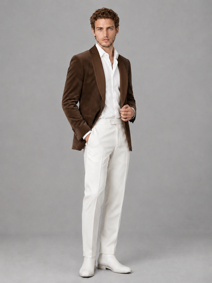 Savile Men's Chocolate Velvet Shawl Lapel 2-Piece Tuxedo Suit Set | Jacket & White Trousers - Chocolate - Chocolate (3)