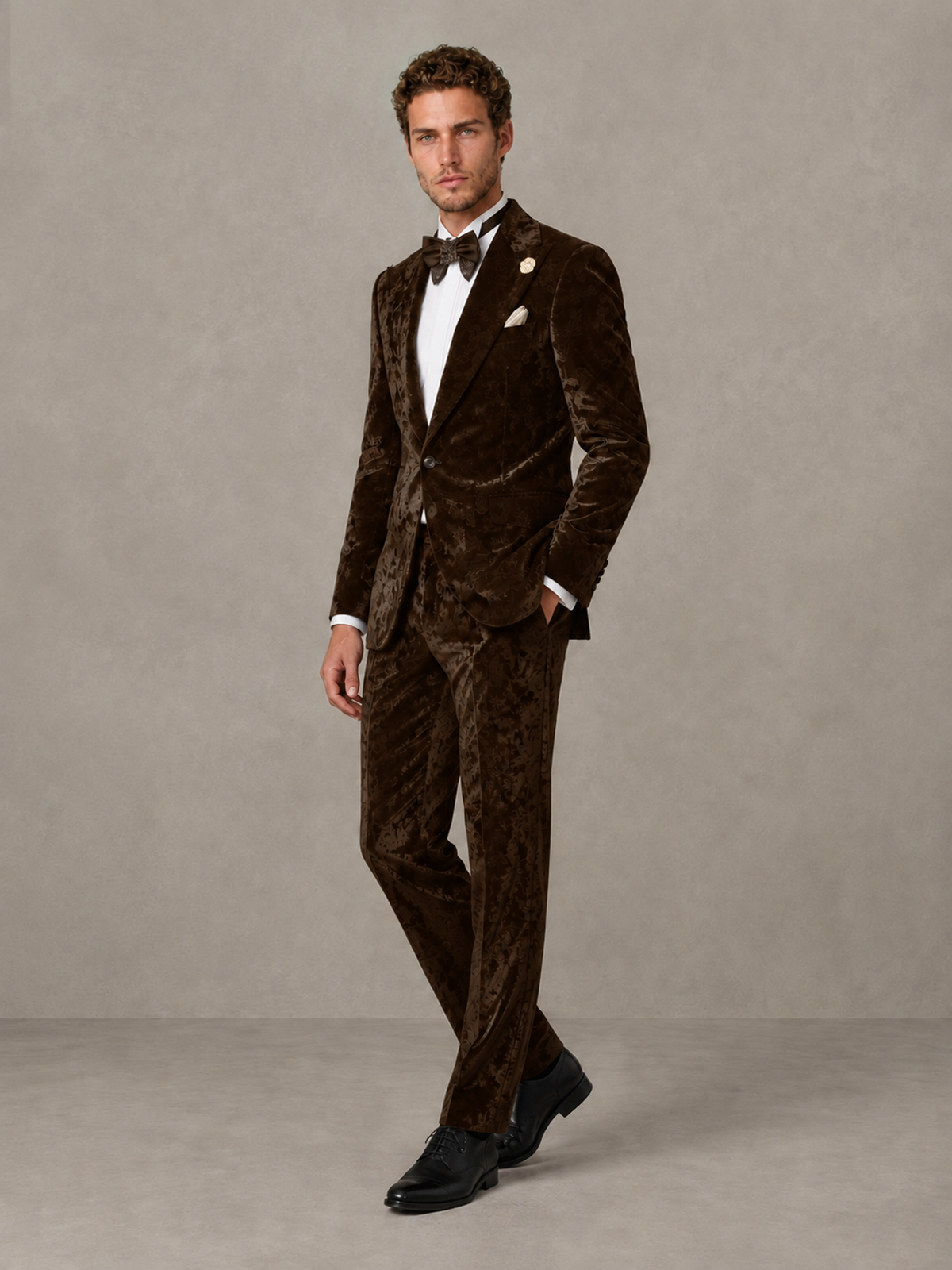 Savile Men's Chocolate Crushed Velvet Peak Lapel 2-Piece Suit Set | Jacket & Trousers - Chocolate - Chocolate (3)