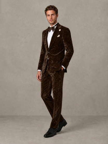 Savile Men's Chocolate Crushed Velvet Peak Lapel 2-Piece Suit Set | Jacket & Trousers - Chocolate - Chocolate (3)