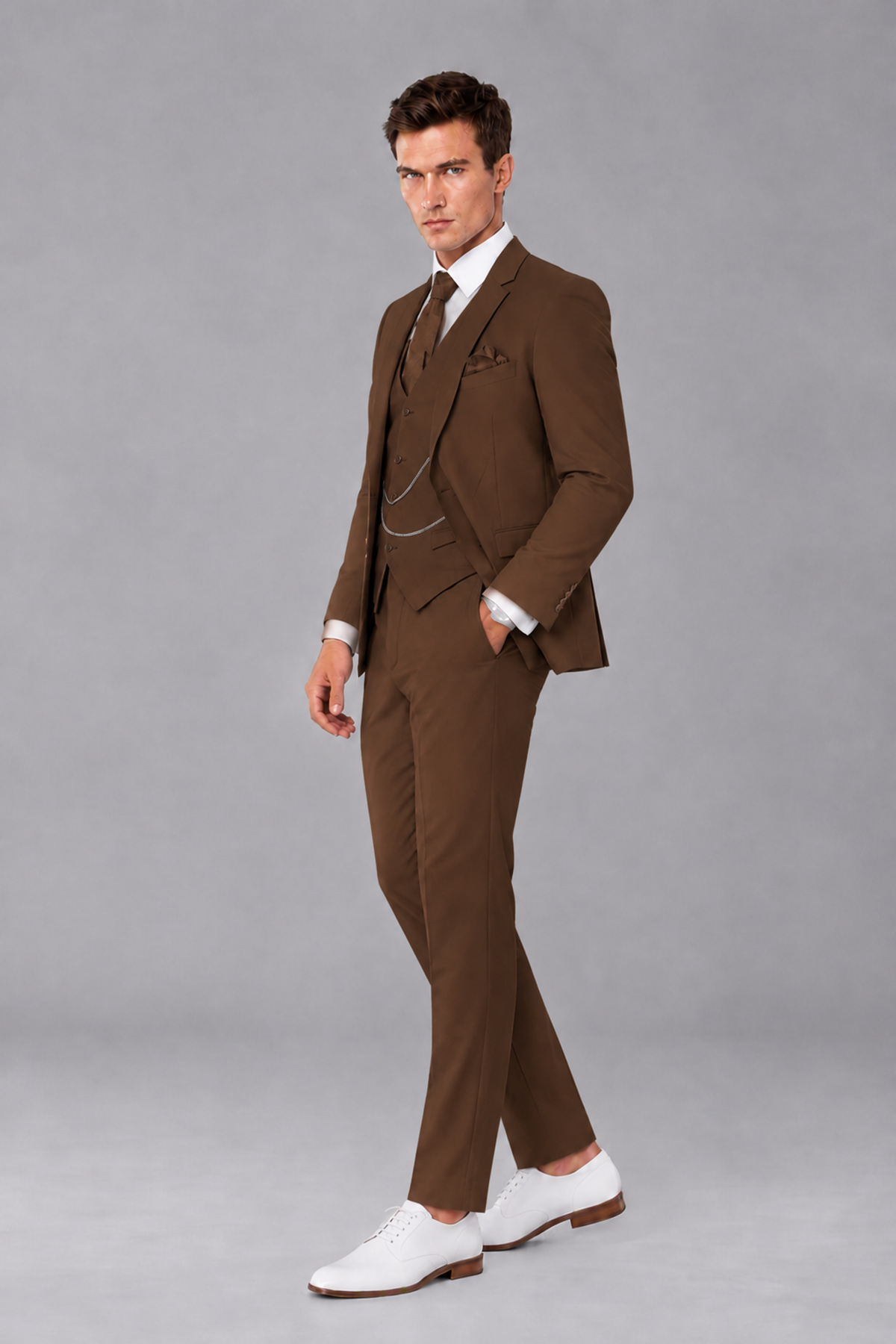 Savile Chocolate 3-Piece Suit with Notch Lapel & Chain Vest - Chocolate
