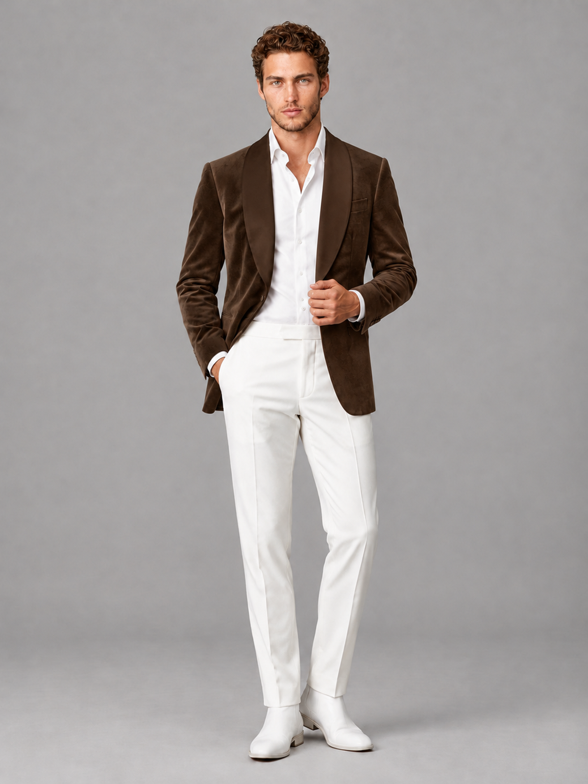 Savile Men's Chocolate Velvet Shawl Lapel 2-Piece Tuxedo Suit Set | Jacket & White Trousers - Chocolate - Chocolate (4)