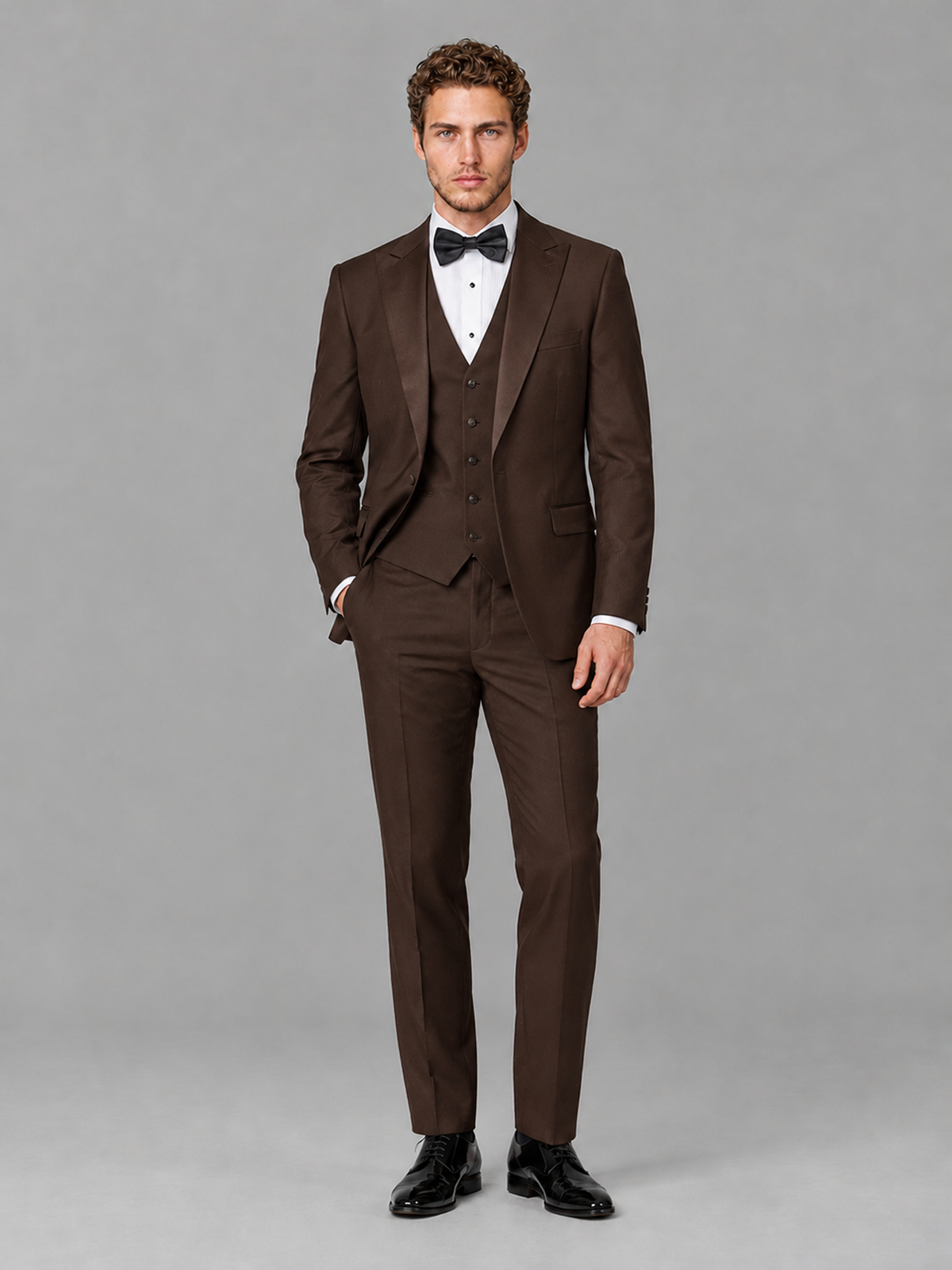 Savile Men's Chocolate Peak Lapel 3-Piece Tuxedo Suit | Jacket, Vest & Trousers - Chocolate