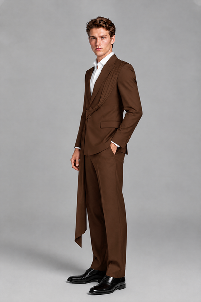 Men's Chocolate Draped Sash Suit – Peak Lapel 2-Piece Slim Fit Party, Gala & Wedding Set - Chocolate
