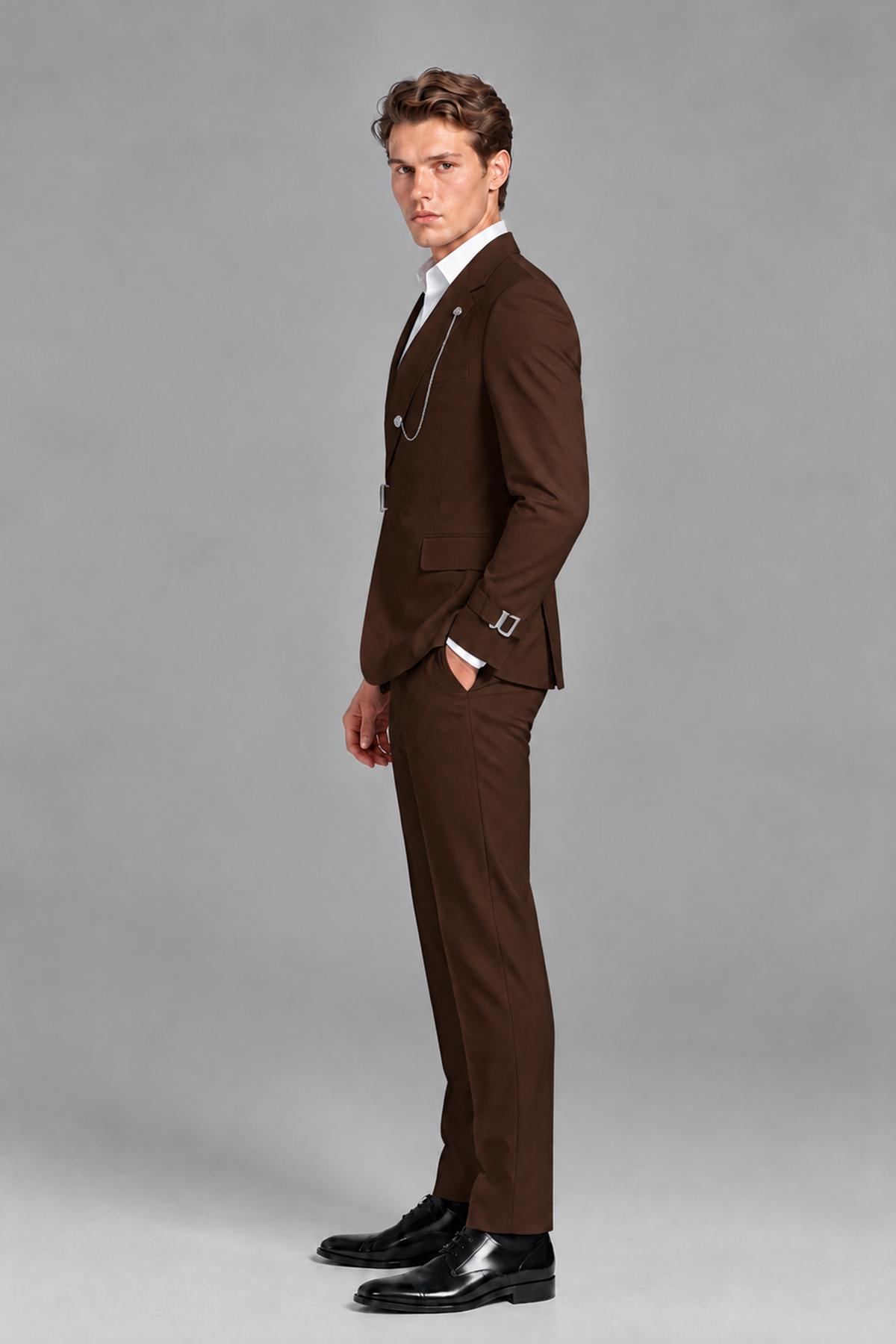 Savile Men's Chocolate Buckle-Closure 2-Piece Suit Set | Peak Lapel Blazer & Trousers - Chocolate