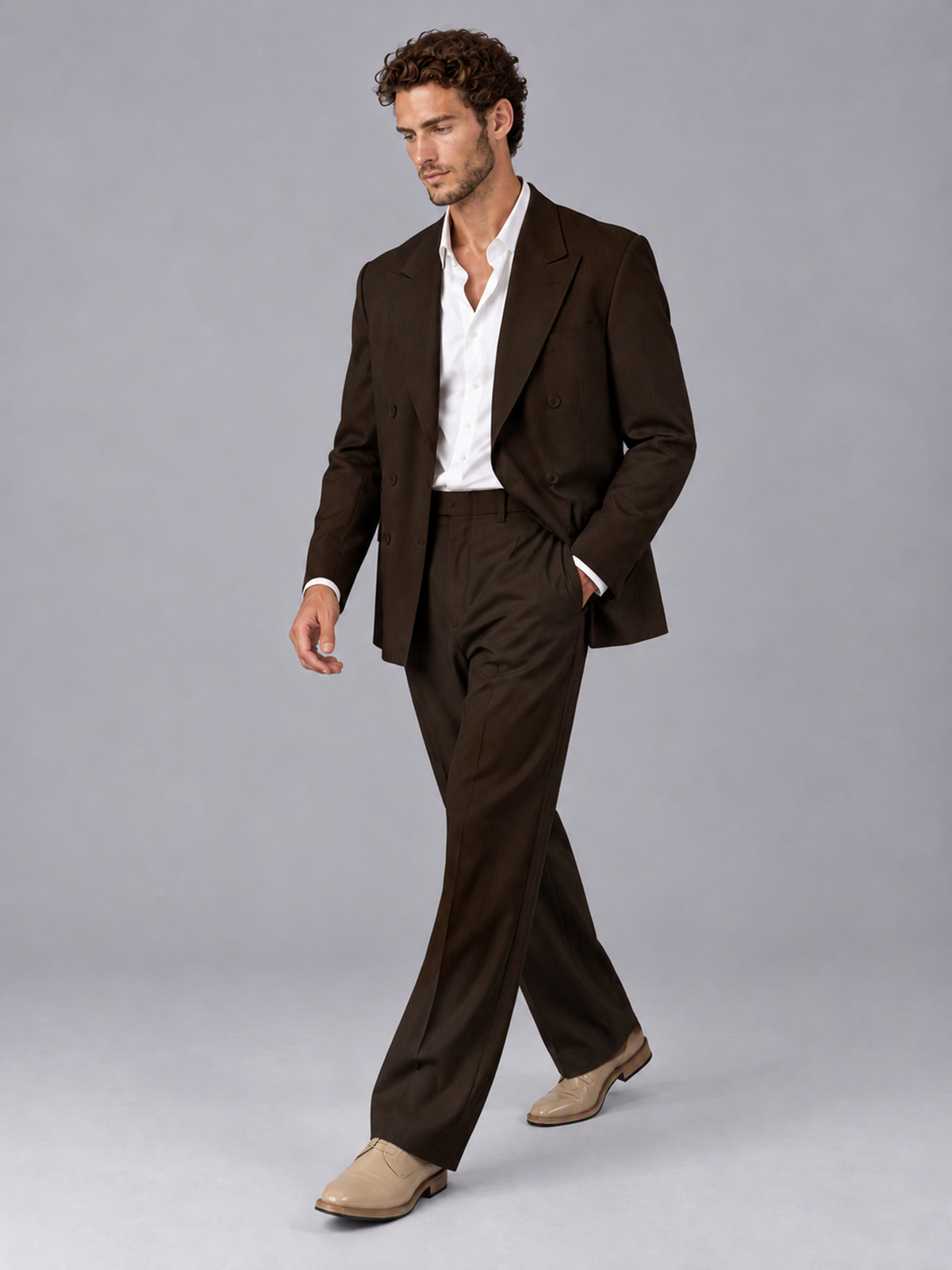 Savile Chocolate Beige Double-Breasted 2-Piece Suit with Peak Lapel - Chocolate